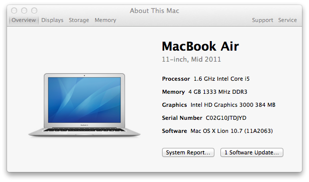 MacBook Air i5 11 pouces 2011/2012 À propos de ce Mac Aperçu de la fenêtre, affichant le i5 à une vitesse de 1,6 GHz